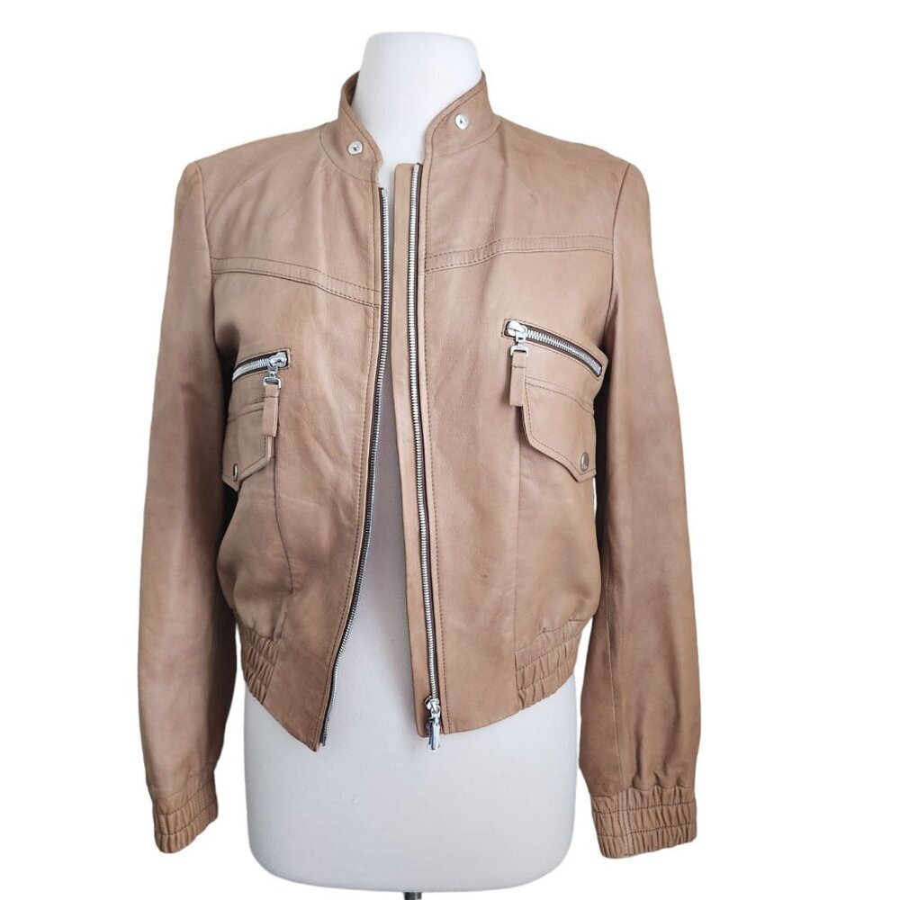 Escada Sport Women's EUR38 Lamb Leather‎ Bomber Jacket Zip Long Sleeve Beige